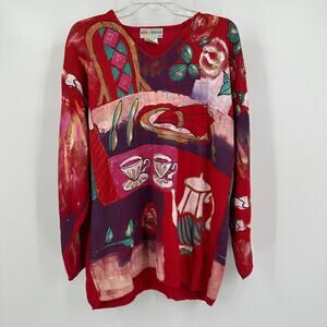 Kolorway Women’s 2X Vintage Painted Sweater Art To Wear Tea Party Whimsical Bold